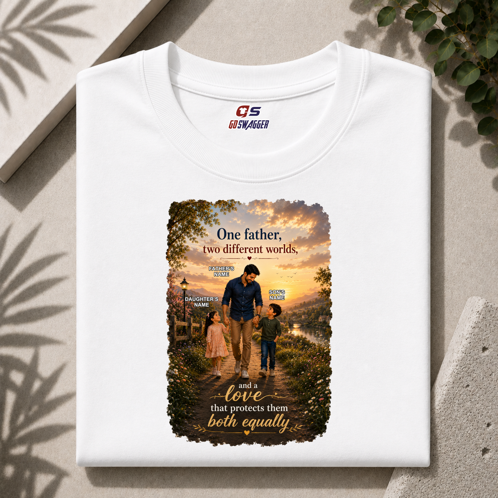 Customised One Father Two Different Worlds| Father and 2 Kids| Premium Cotton T-shirt