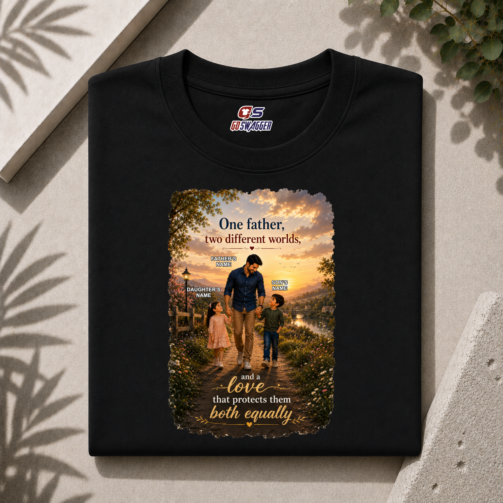 Customised One Father Two Different Worlds| Father and 2 Kids| Premium Cotton T-shirt